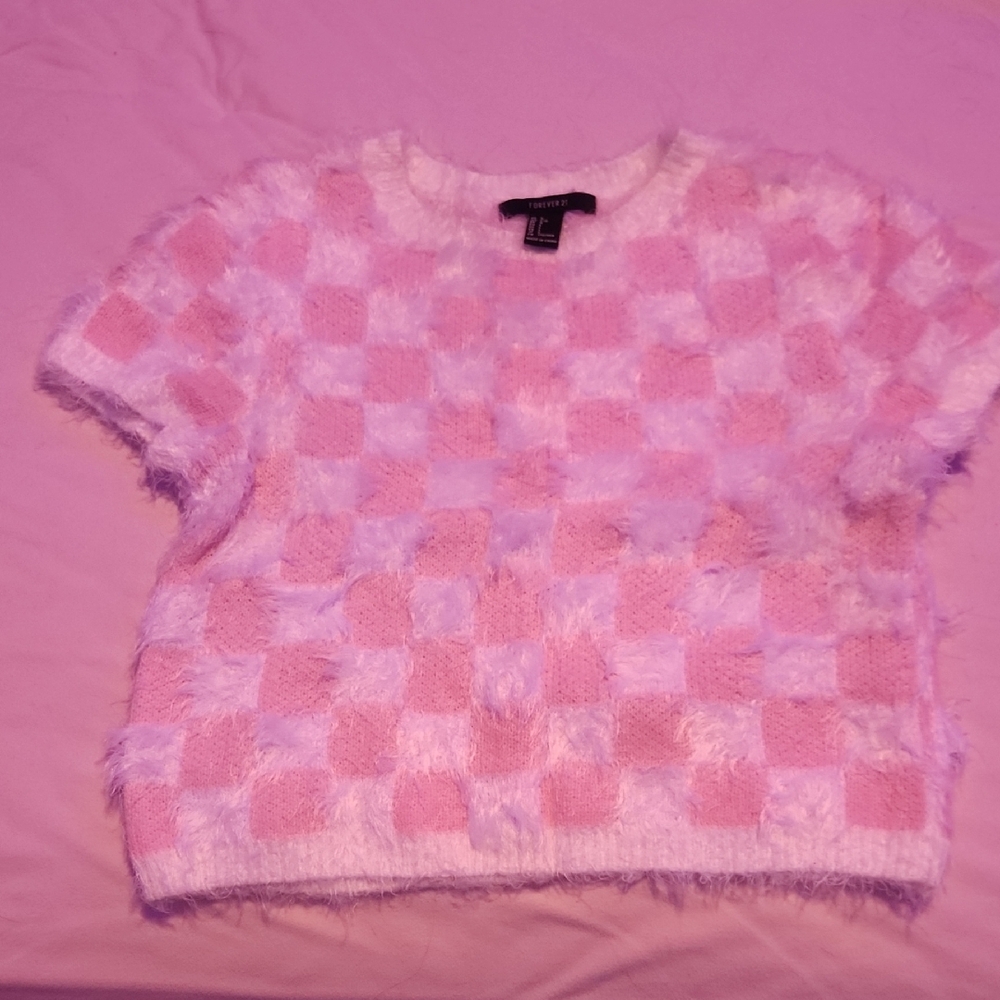 Forever 21 Pink and White Fuzzy Chopped Sweater Large